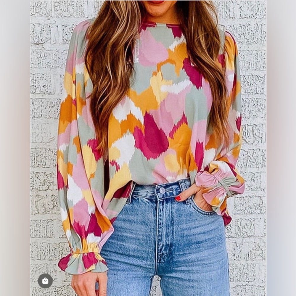 Spring Bright Abstract Top Blush, Magenta, Orange,Gray, Red, & Yellow Top NWT